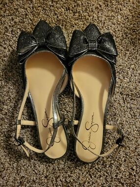 Jessica Simpson Black Metallic Bow Pointed Slingback Flats